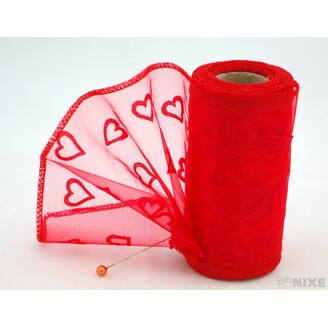 ORGANZA TISK SRDCE 12cmx10m*ČERVENÁ