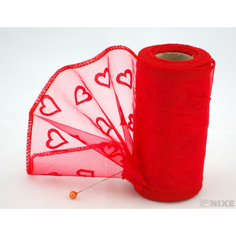 ORGANZA TISK SRDCE 12cmx10m*ČERVENÁ