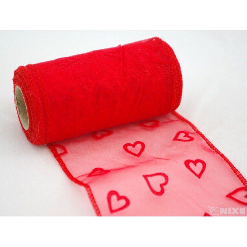 ORGANZA TISK SRDCE 12cmx10m*ČERVENÁ