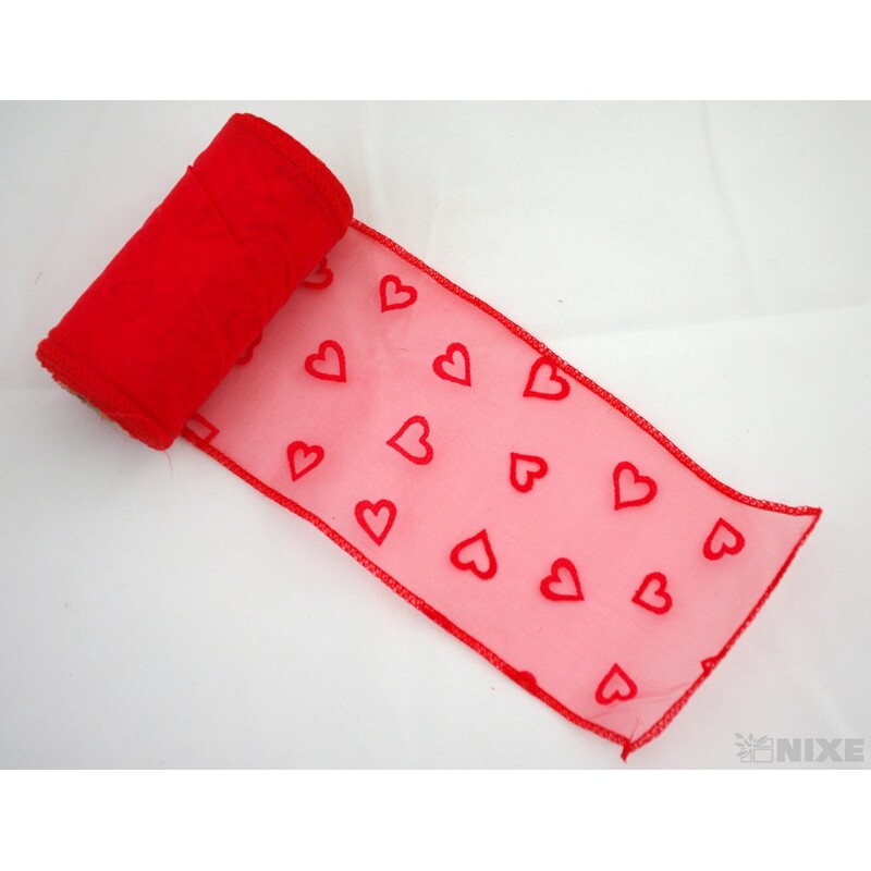 ORGANZA TISK SRDCE 12cmx10m*ČERVENÁ