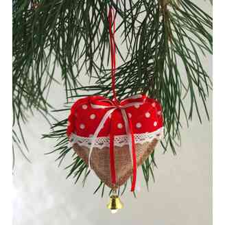 ZÁVĚS SRDCE TEXTIL 10cm*PŘÍRODNÍ+ČERVENÁ