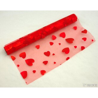 ORGANZA TISK SRDCE 36cmx5yd*ČERVENÁ