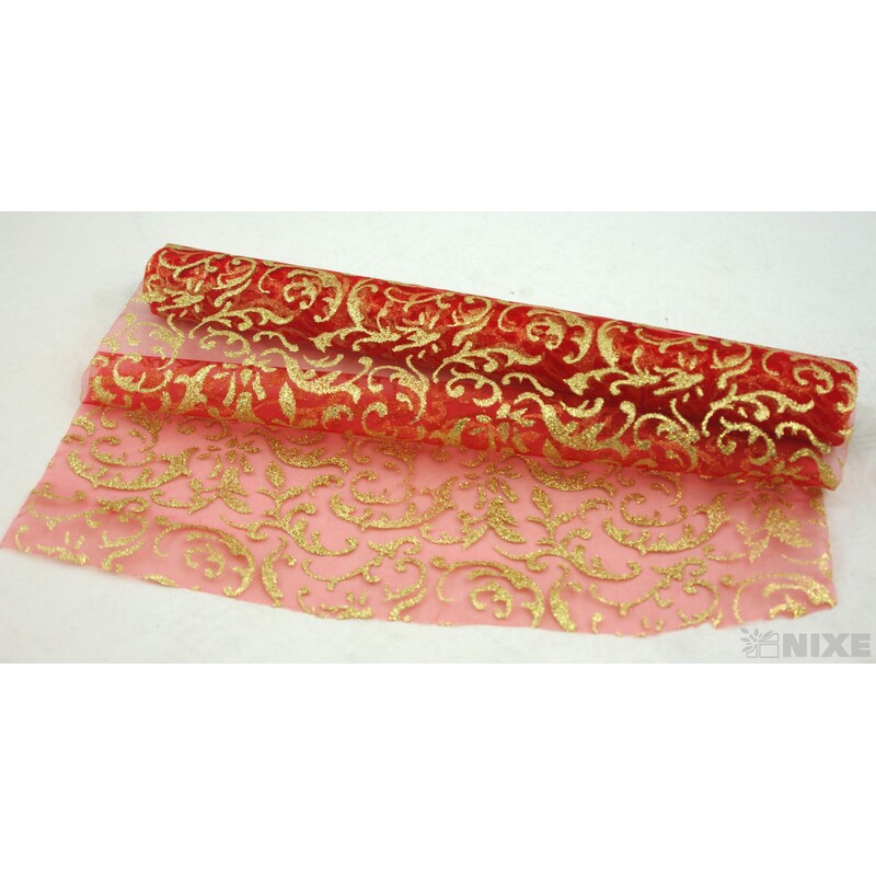 ORGANZA GLITR 23 36cmx5yd*ČERVENÁ+ZLATÁ