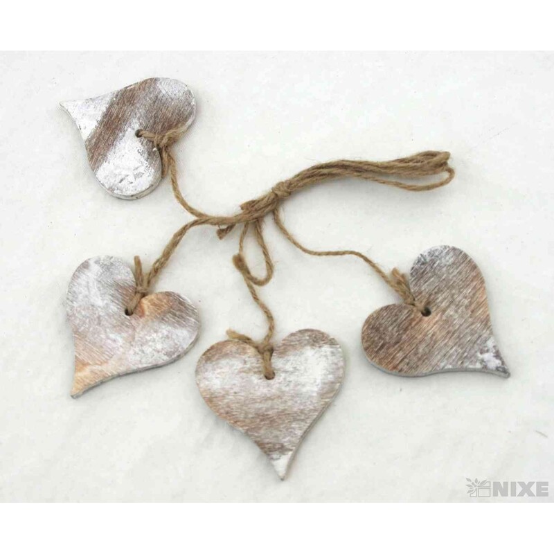 ZÁVĚS SRDCE DŘEVO 4ks 6cm*BÍLÁ
