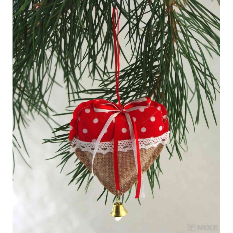 ZÁVĚS SRDCE TEXTIL 10cm*PŘÍRODNÍ+ČERVENÁ