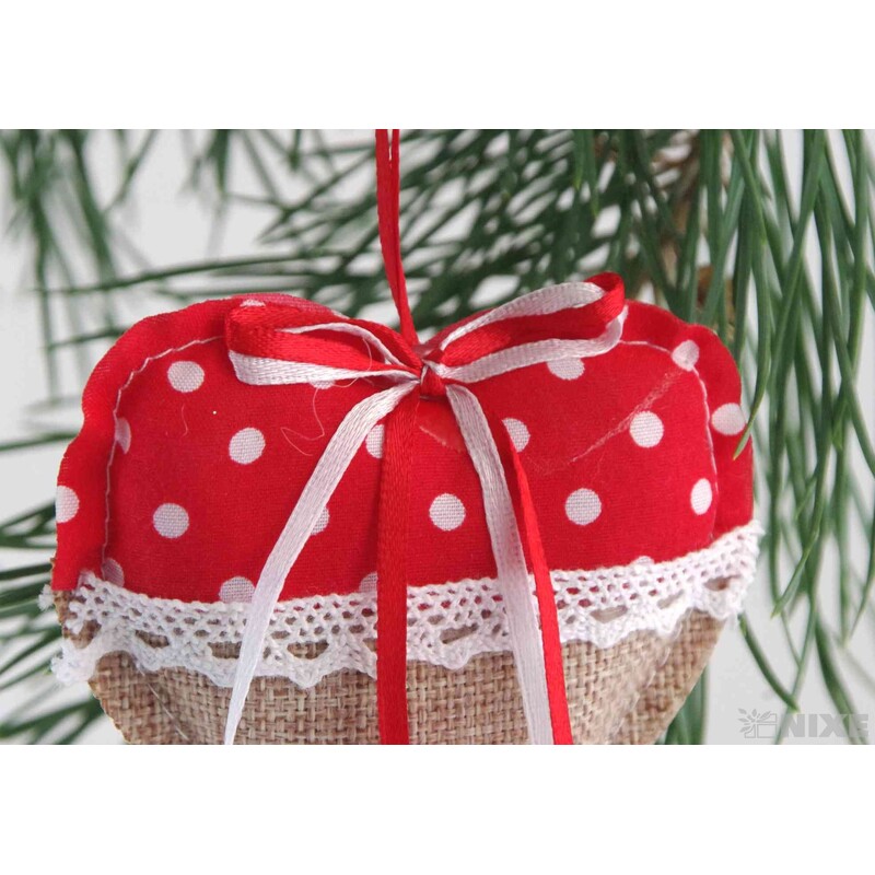 ZÁVĚS SRDCE TEXTIL 10cm*PŘÍRODNÍ+ČERVENÁ