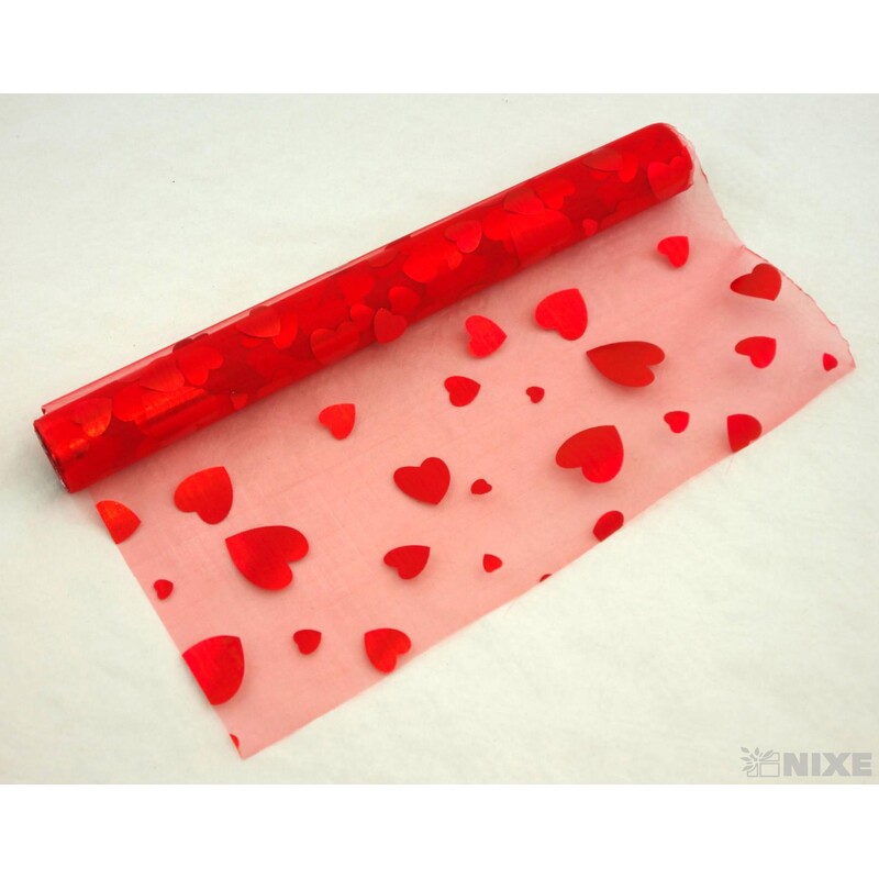 ORGANZA TISK SRDCE 36cmx5yd*ČERVENÁ