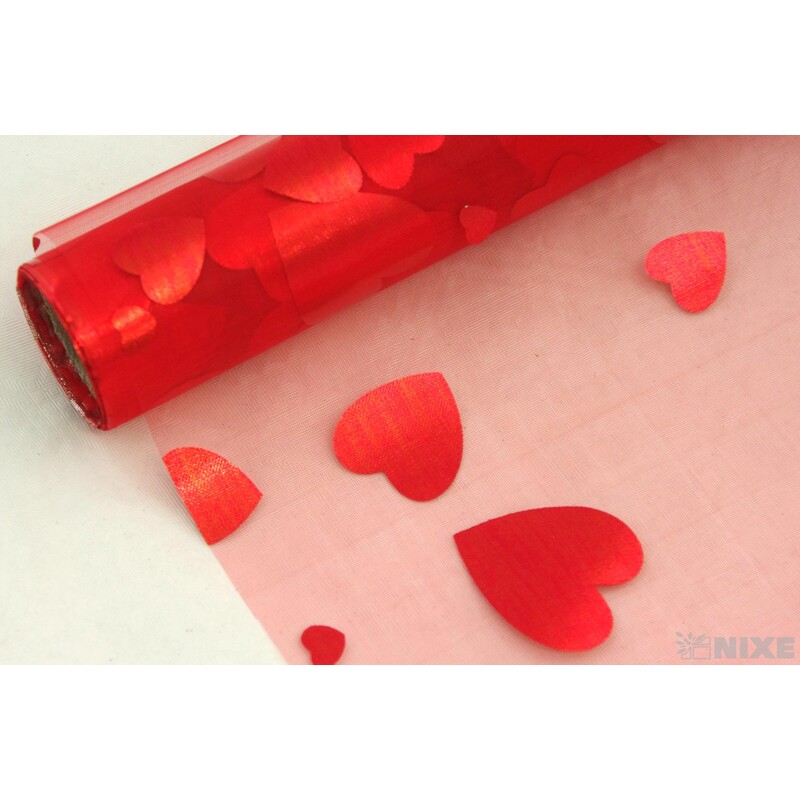 ORGANZA TISK SRDCE 36cmx5yd*ČERVENÁ