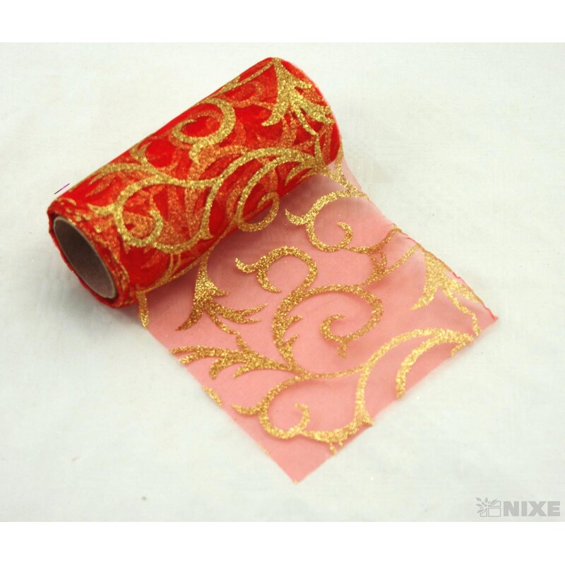 ORGANZA GLITR 2228 12cmx10yd*ČERVENÁ+ZLATÁ