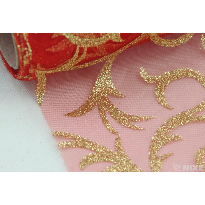 ORGANZA GLITR 2228 12cmx10yd*ČERVENÁ+ZLATÁ