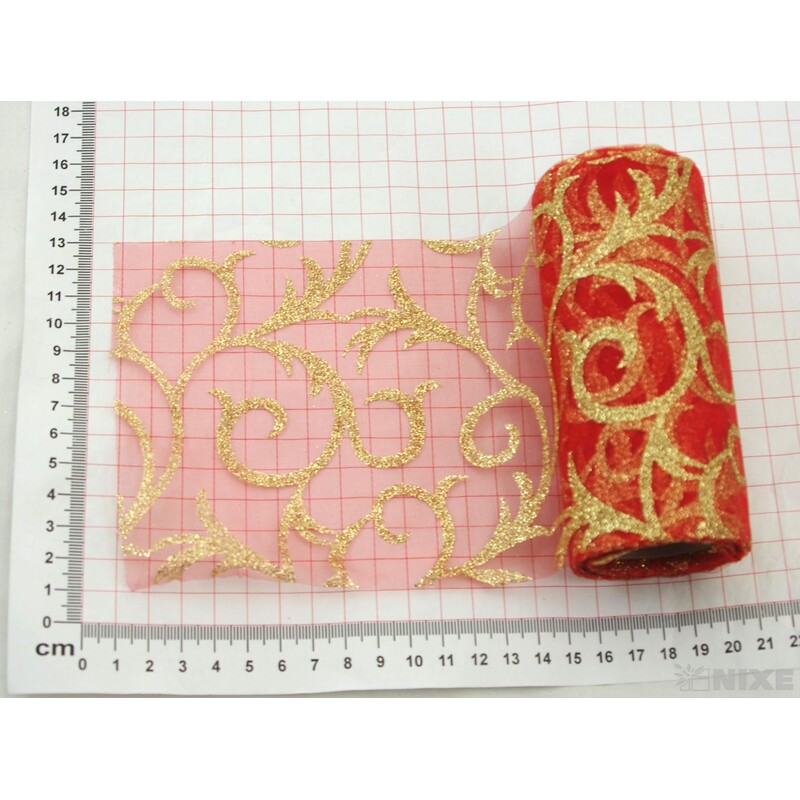 ORGANZA GLITR 2228 12cmx10yd*ČERVENÁ+ZLATÁ