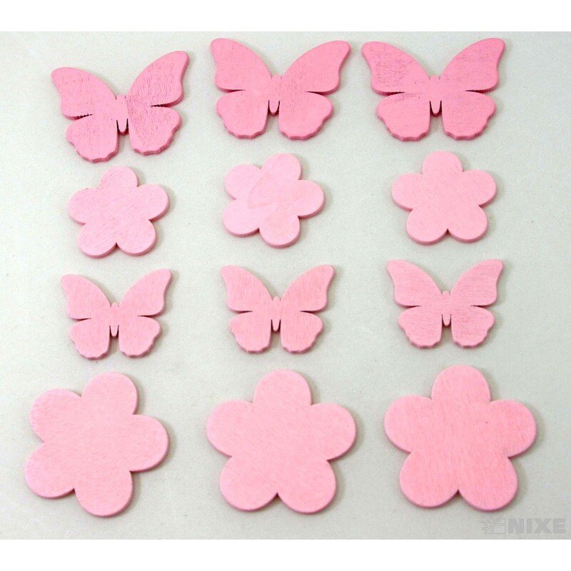 MIX MOTÝL A KVĚT 4,5-6,5cm 12ks*RŮŽOVÁ