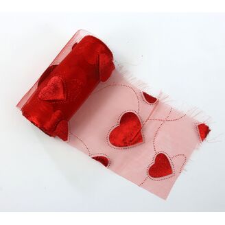 ORGANZA TISK SRDCE 12cmx10yd*ČERVENÁ