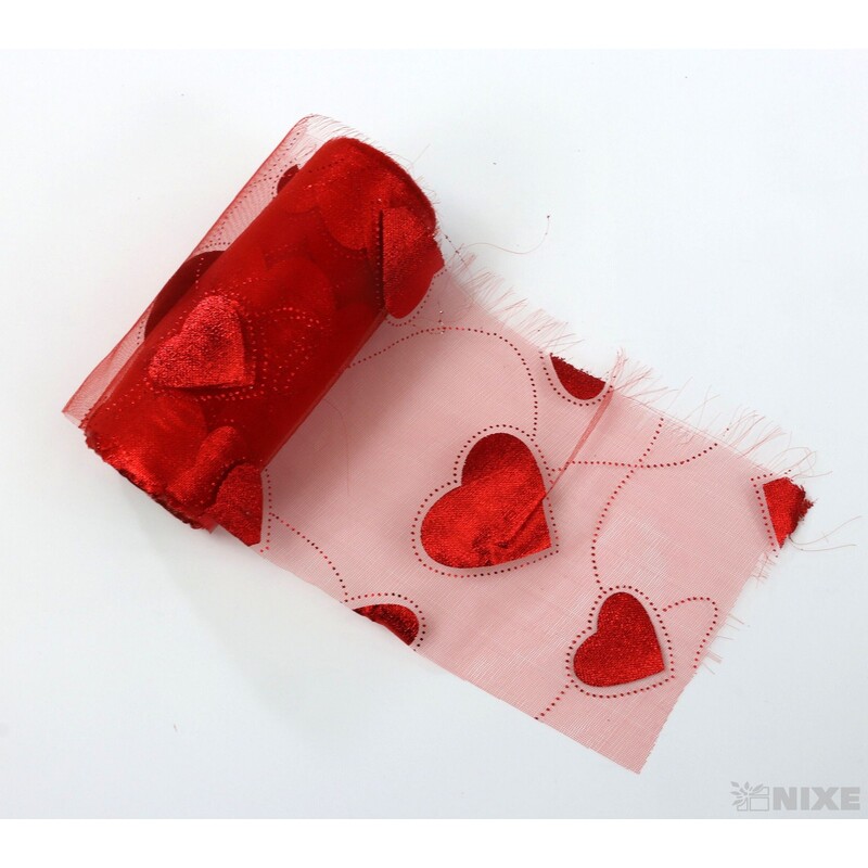 ORGANZA TISK SRDCE 12cmx10yd*ČERVENÁ