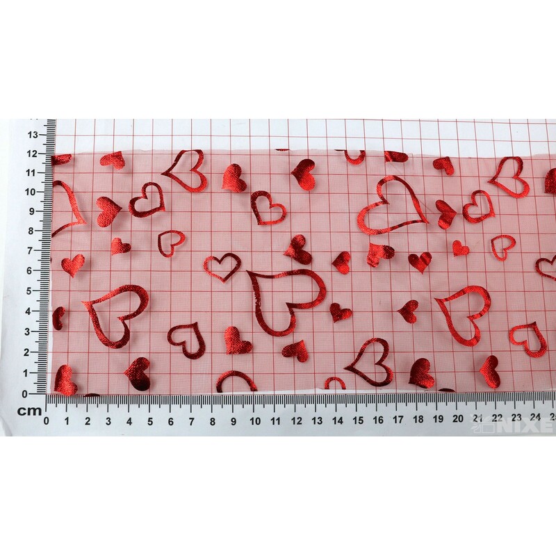 ORGANZA TISK SRDCE 12cmx10yd*ČERVENÁ