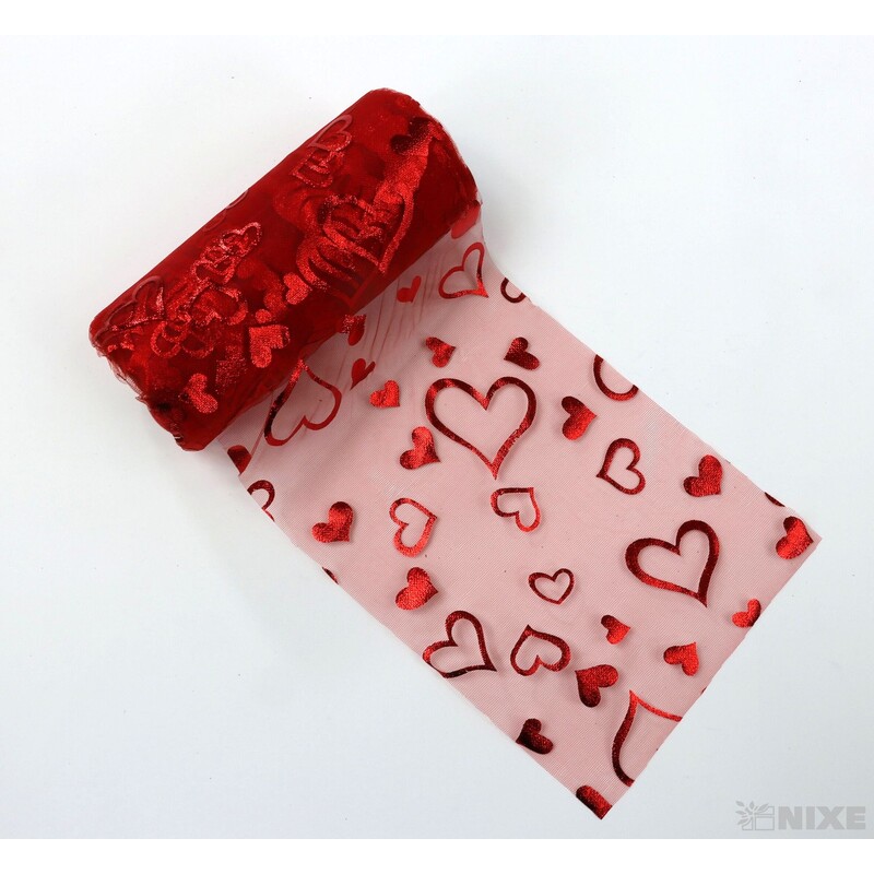 ORGANZA SRDCE TISK 12cmx10yd*ČERVENÁ