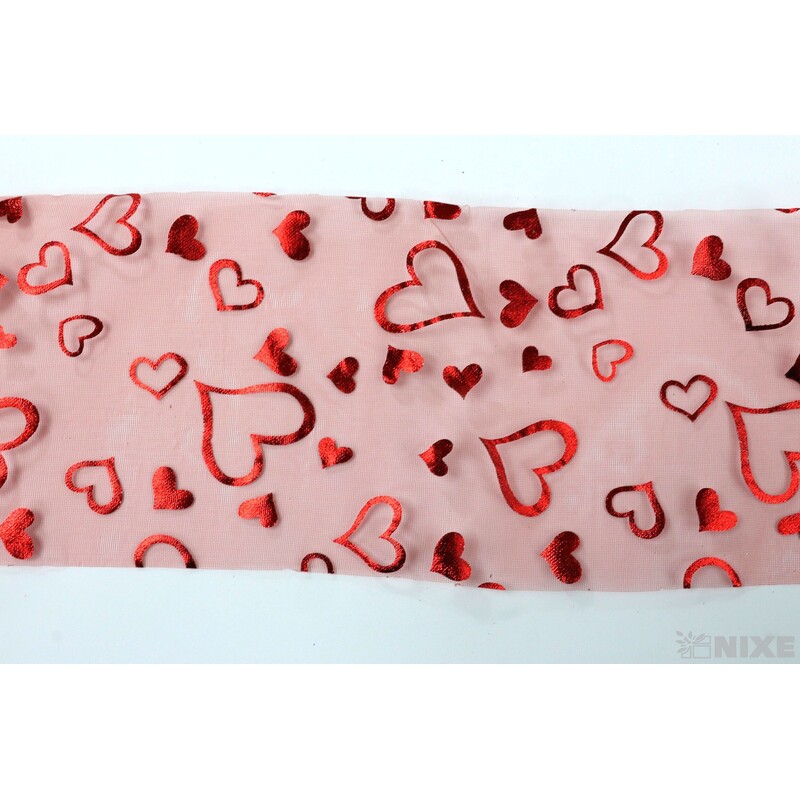 ORGANZA SRDCE TISK 12cmx10yd*ČERVENÁ