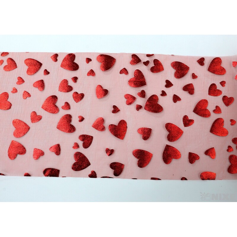 ORGANZA SRDCE TISK 12cmx10yd*ČERVENÁ