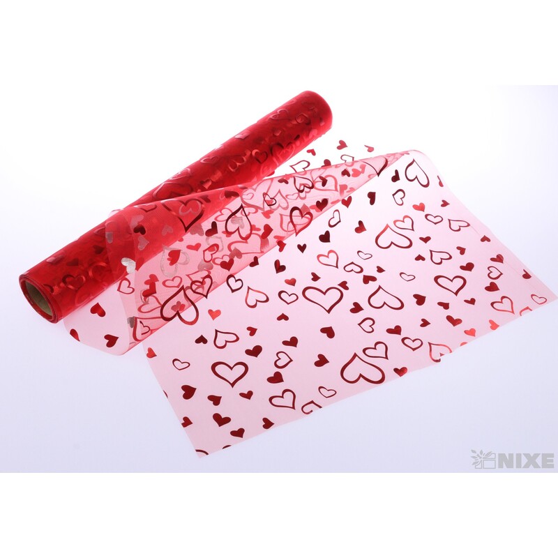 ORGANZA SRDCE TISK 703 39cmx10yd*ČERVENÁ