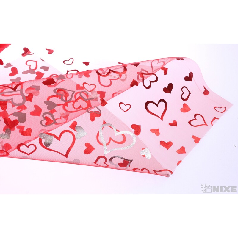 ORGANZA SRDCE TISK 703 39cmx10yd*ČERVENÁ