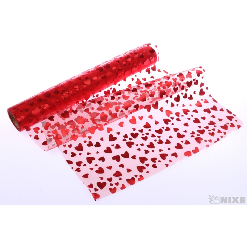 ORGANZA SRDCE TISK 702 39cmx10yd*ČERVENÁ