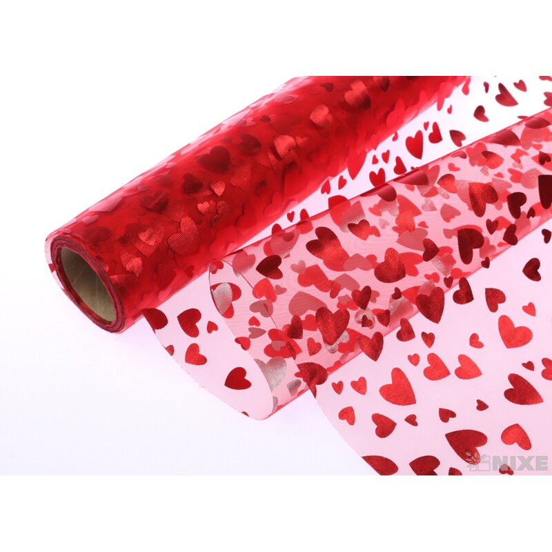 ORGANZA SRDCE TISK 702 39cmx10yd*ČERVENÁ
